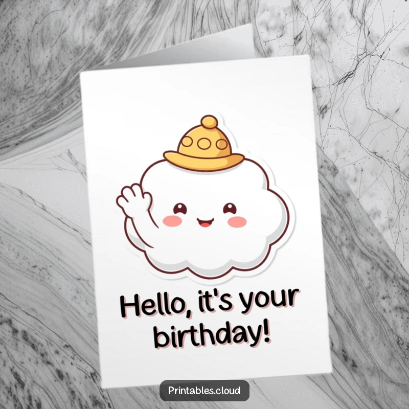 Funny Free Printable Birthday Card: A cute cloud character wearing a small hat waves a friendly hello.