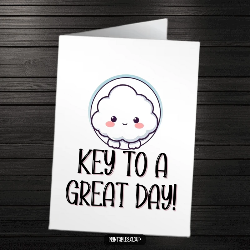 Funny free printable birthday card showing a curious cloud character peering through a vintage-style keyhole shape.