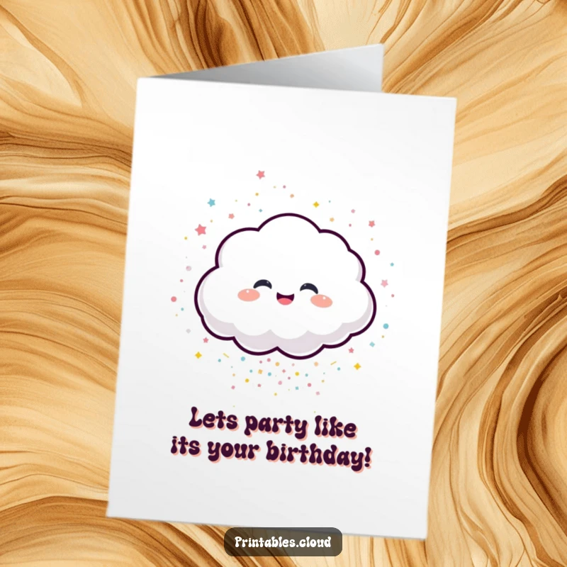 Funny Free Printable Birthday Card: A giggling cloud character enthusiastically spills bright, sparkling confetti.