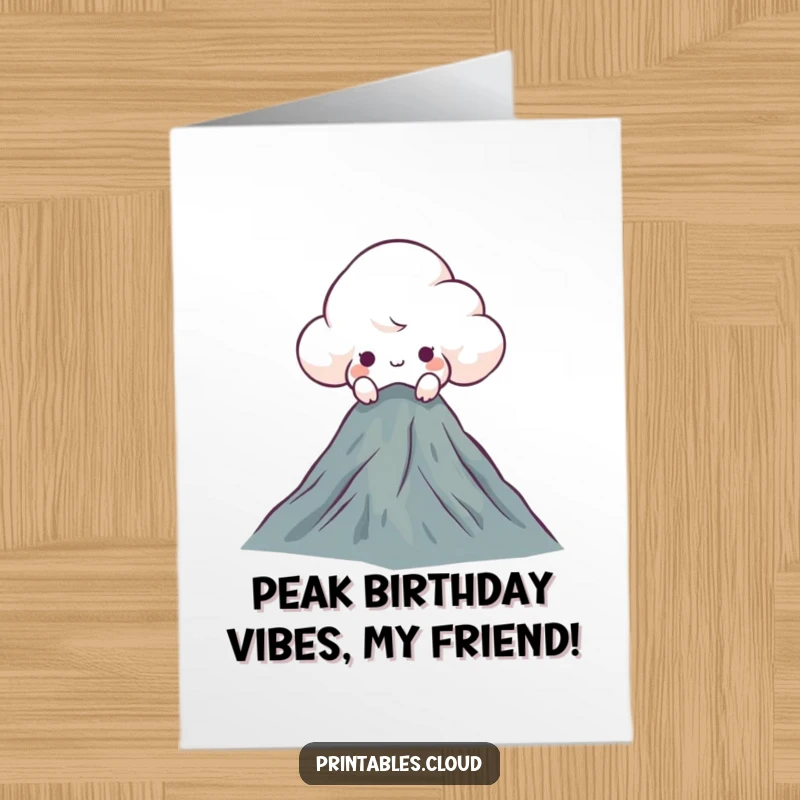 Funny Free Printable Birthday Card: A curious cloud character peeks over a mountaintop, ready for adventure.
