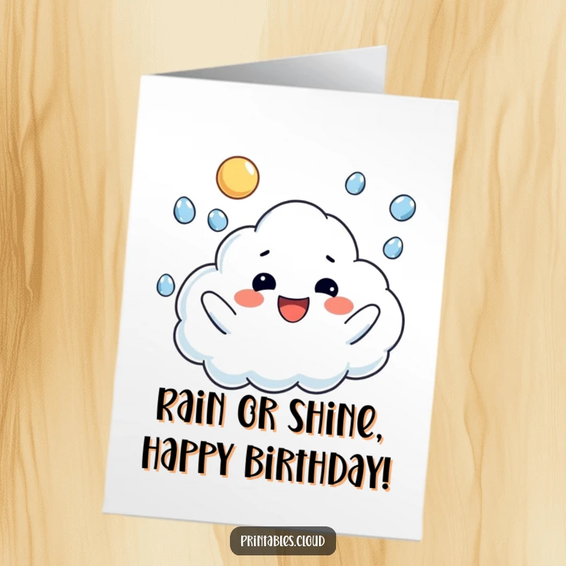 Funny Free Printable Happy Birthday Card: A cloud character happily juggling falling raindrops with a cheerful, playful expression.