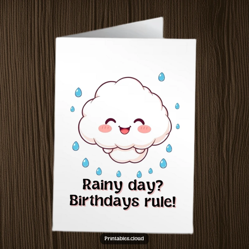 Funny Free Printable Birthday Card: A smiling cloud juggles multiple raindrops with a cheerful expression.