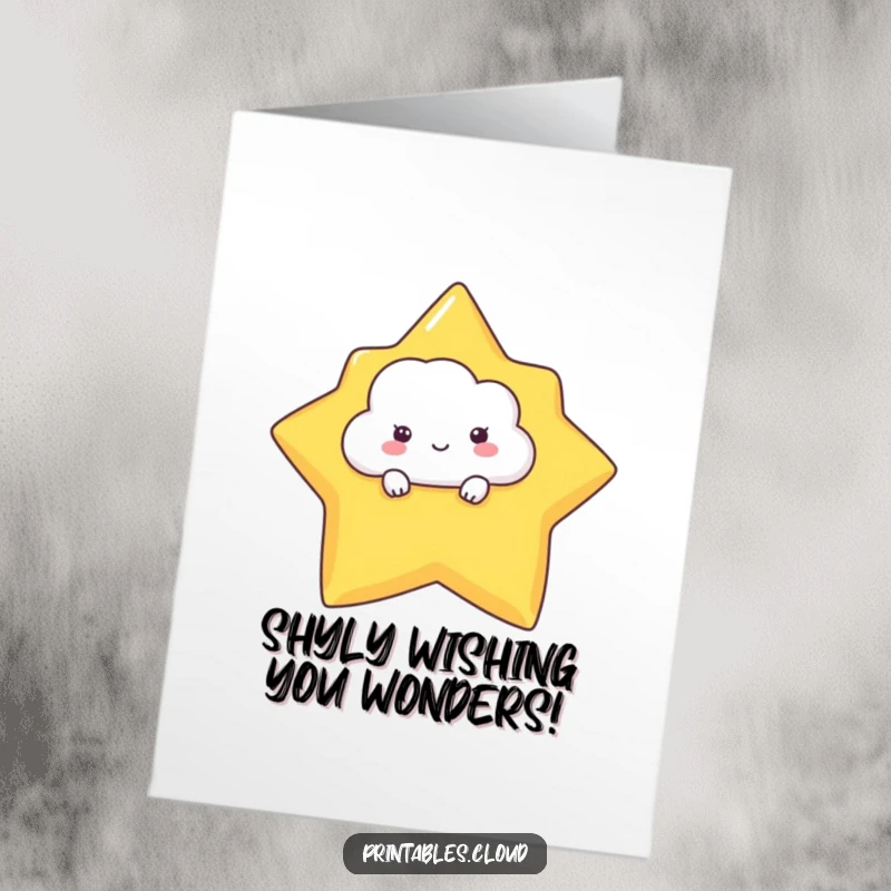 Funny Free Printable Birthday Card: Shy Cloud peeking playfully from behind a giant, sparkling star, wishing a happy birthday.