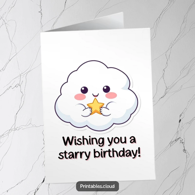Funny Free Printable Birthday Card: A smiling cloud offers a tiny, sparkling star, wishing a bright and happy birthday.