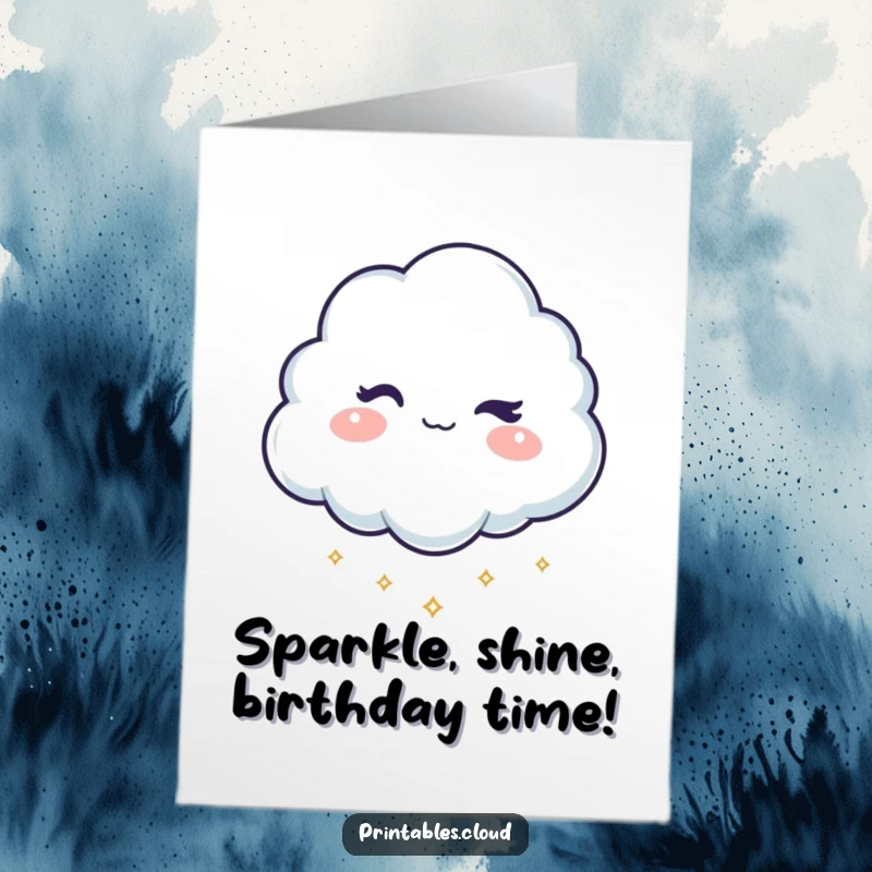 Funny Free Printable Birthday Card: Cloud winks mischievously while dropping shimmering sparkles, adding flair.