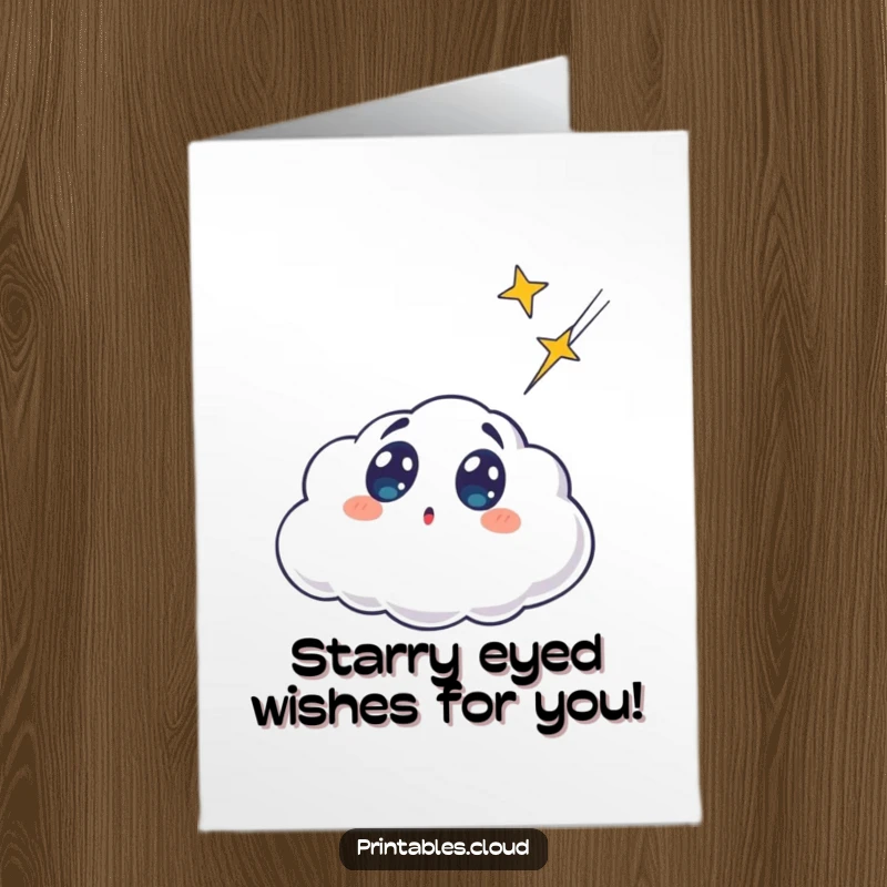 Funny Free Printable Birthday Card: Surprised cloud gasps at a shooting star, wide eyes, cosmic humor, downloadable gift.