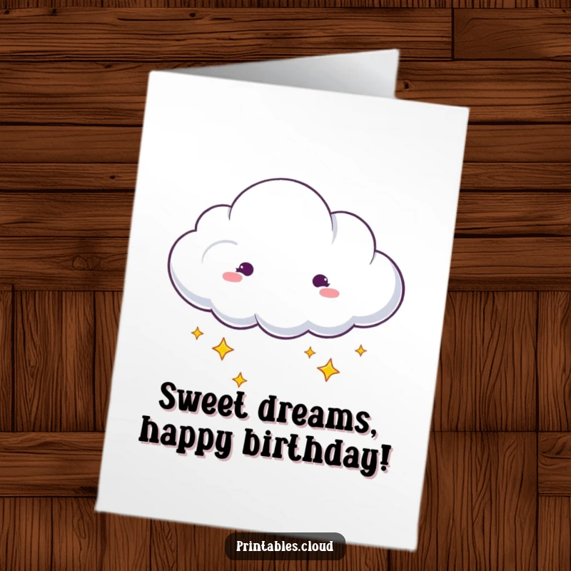 Funny Free Printable Birthday Card: a dreaming cloud with stars gently drifting, sending sleepy wishes. Perfect DIY gift.