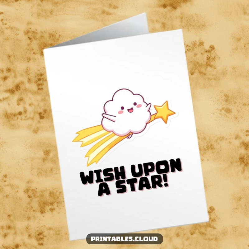 Funny Free Printable Birthday Card: A cloud gleefully rides a shooting star with arms wide open.