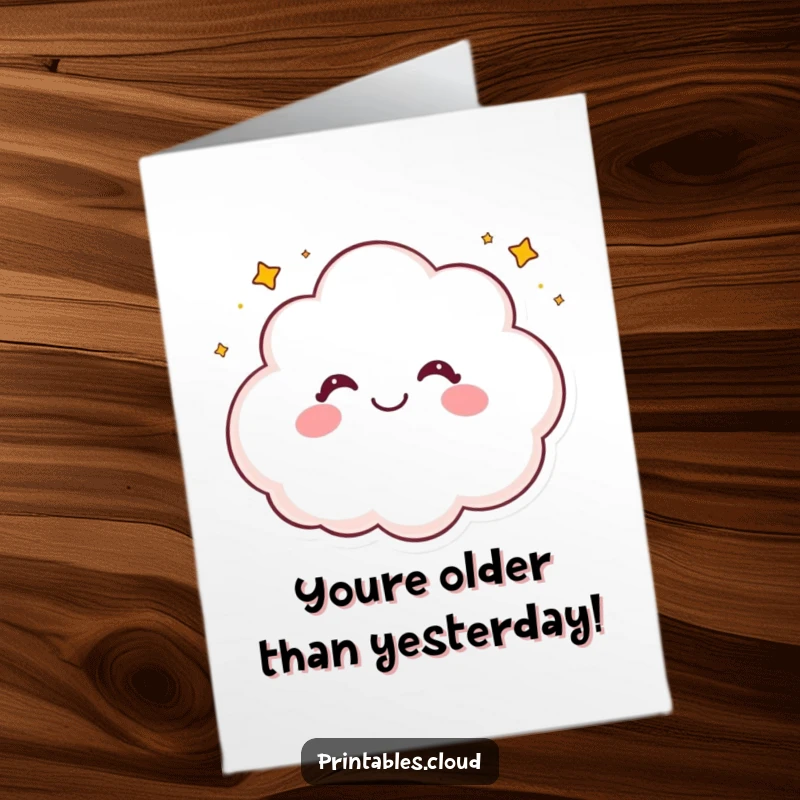 Funny Free Printable Birthday Card: A happy cloud character giggling and sprinkling tiny joyful stars.