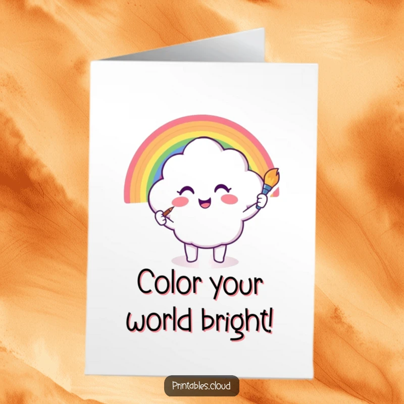 Funny Free Printable Congratulations Card: Happy cloud character enthusiastically paints a beautiful rainbow, celebrating success.