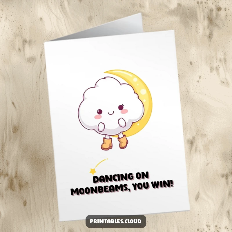 Funny Free Printable Congratulations Card: Cloud in boots walking moonbeam, celebratory, magical, downloadable.