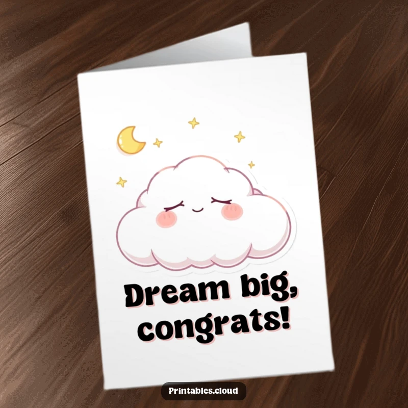 Funny Free Printable Congratulations Card showing a cloud character peacefully snoozing with a gentle smile, celebrating tranquility.