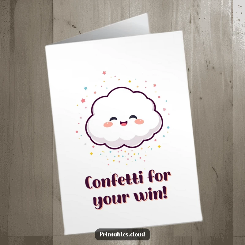 Funny Free Printable Congratulations Card: A happy cloud laughs while showering sparkling confetti for a celebration.