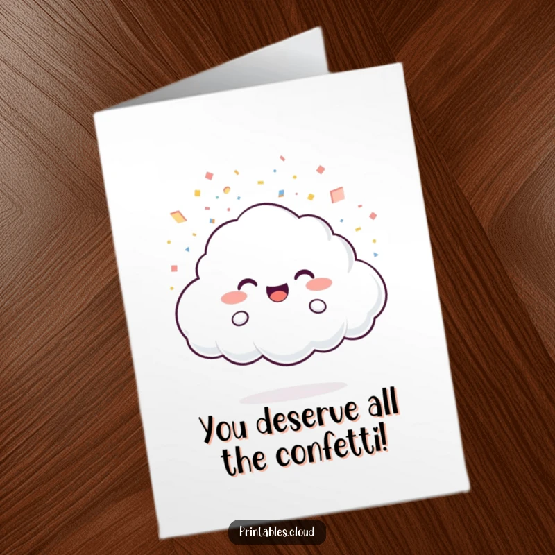 Funny Free Printable Congratulations Card: Joyful cloud character showers confetti made of light particles. Perfect for celebrating achievements with flair.