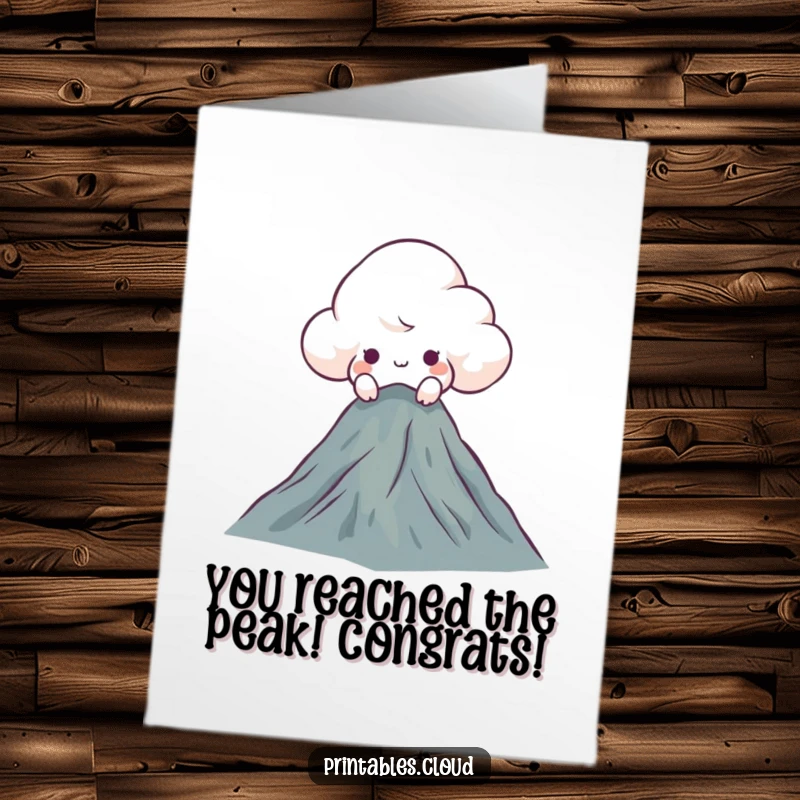 Funny Free Printable Congratulations Card: A curious cloud character peeks over a mountain, celebrating a great achievement.