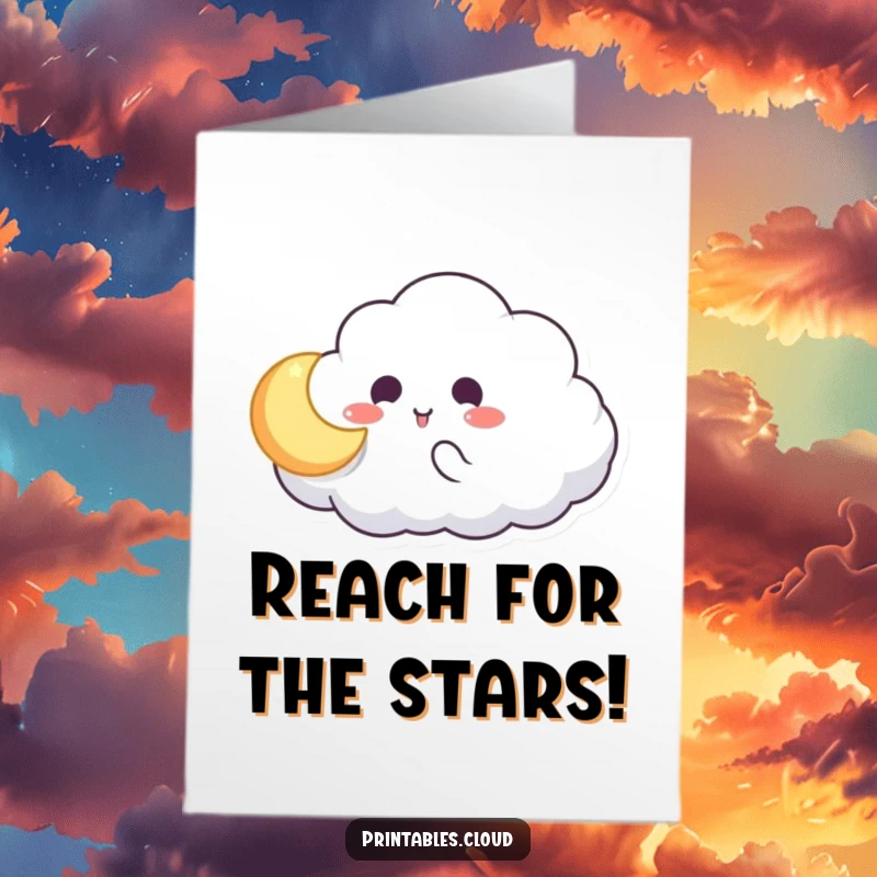 Funny Free Printable Congratulations Card: Cloud character tosses a glowing moon, a hilarious game for celebrating awesome news.