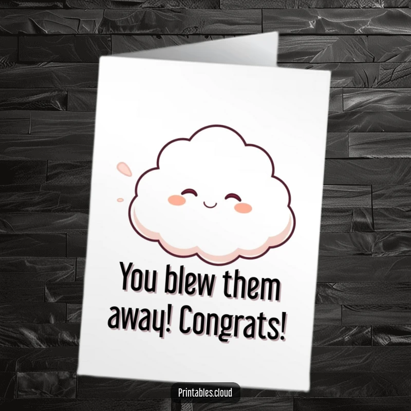 Funny Free Printable Congratulations Card: A giggling cloud character blows a soft, fluffy breeze, symbolizing joyful celebration.