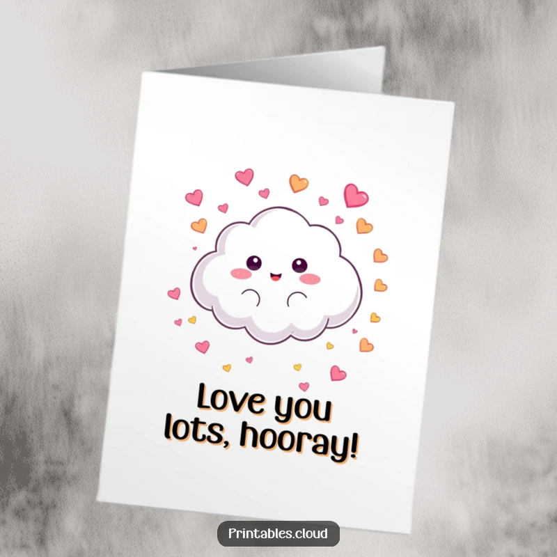 Funny Free Printable Congratulations Card: Fluffy cloud character playfully raining colorful tiny hearts. A sweet and delightful way to congratulate.