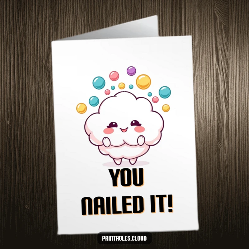 Funny Free Printable Congratulations Card: A cheerful cloud character joyfully juggles vibrant raindrops, celebrating success with flair.