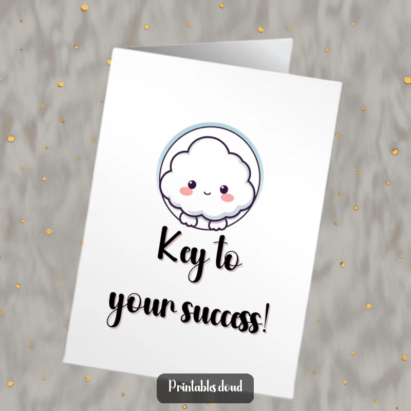 Funny free printable congratulations card featuring an inquisitive cloud character looking through a keyhole opening.