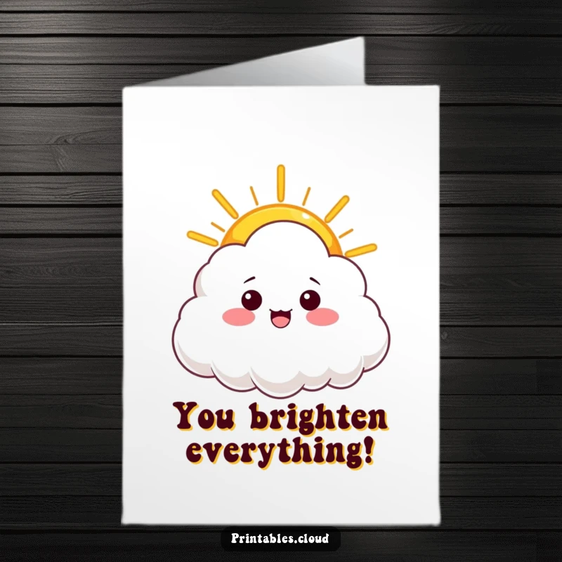 Funny Free Printable Congratulations Card showing a cloud character bestowing a warm, bright ray of sunshine.