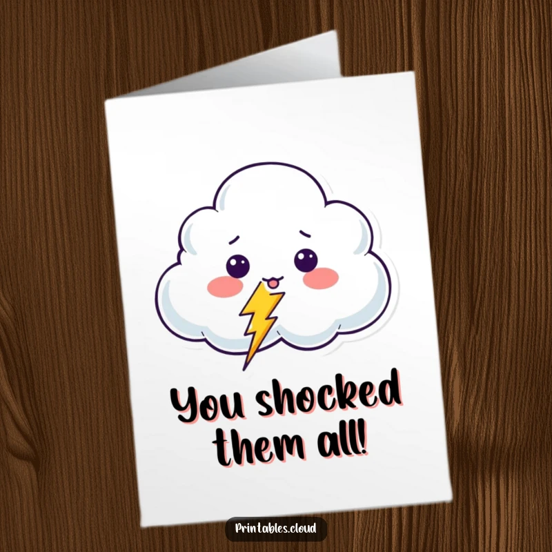 Funny Free Printable Congratulations Card: A cloud character wide-eyed with surprise, next to a tiny, giggling lightning bolt.