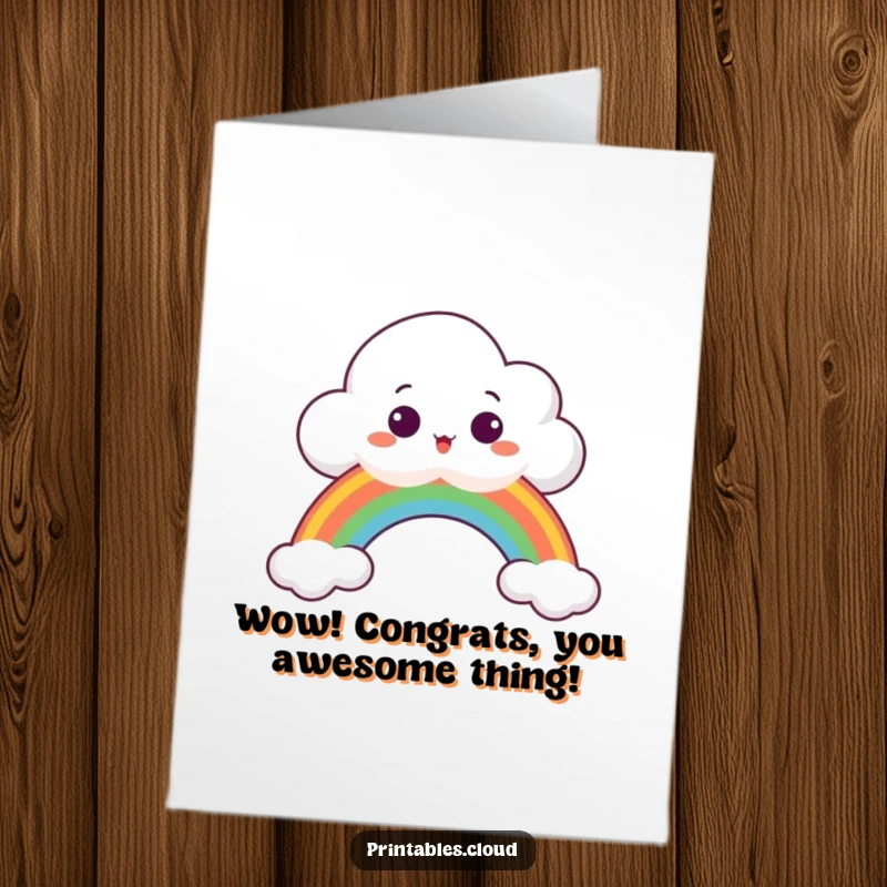 Funny Free Printable Congrats Card: A wide-eyed surprised cloud peeking over a bright rainbow, celebrating a big win.