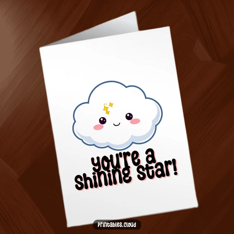 Funny Free Printable Congrats Card: Cloud character with a speech bubble holding a bright twinkle, congratulating a star.