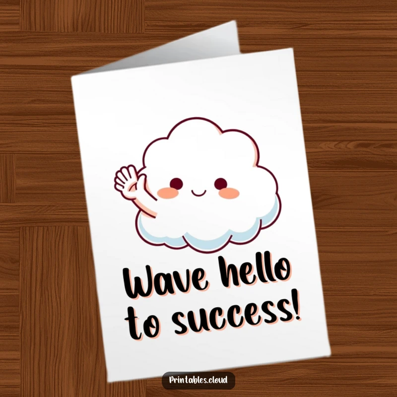 Funny Free Printable Congratulations Card: A cloud character happily waving a fluffy arm in celebration.