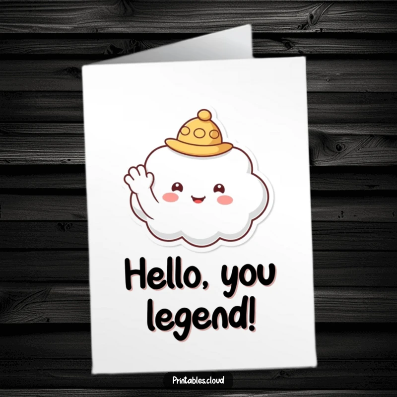 Funny Free Printable Congratulations Card: A cloud character in a hat waves hello, celebrating a new achievement.