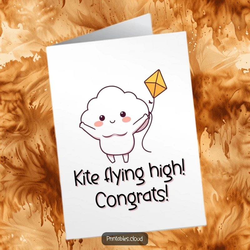 Funny Free Printable Congratulations Card: A happy cloud character with arms wide, joyfully soaring on a kite.
