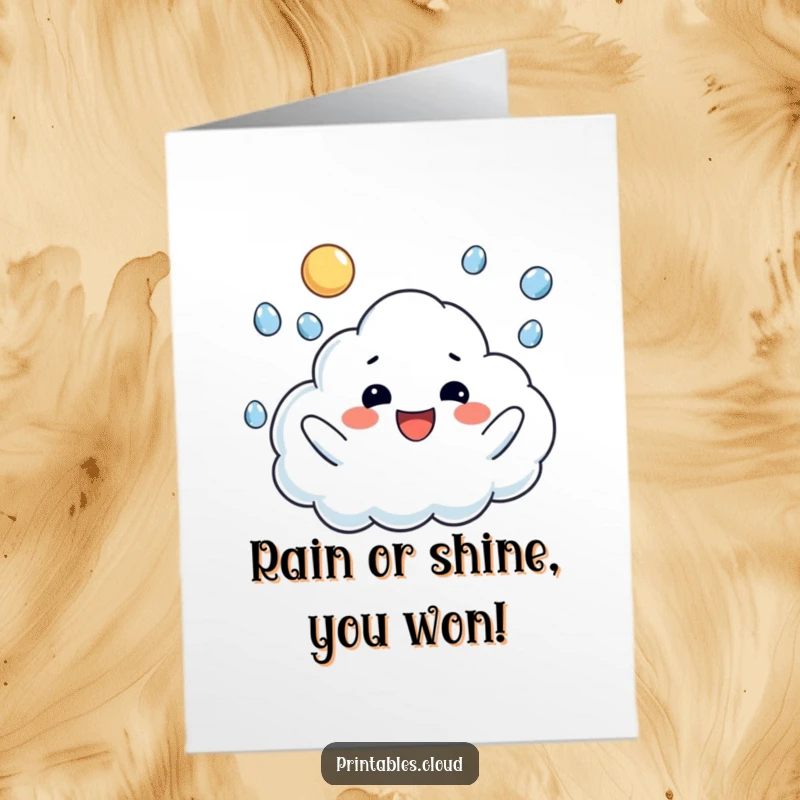 Funny Free Printable Congratulations Card: A happy cloud character playfully juggling raindrops, celebrating a wonderful achievement.