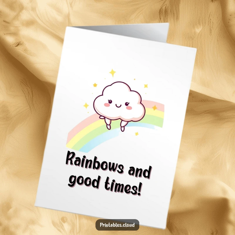 Funny Free Printable Cloud Congratulations Card: A happy cloud bounces on a rainbow, symbolizing a joyous success.