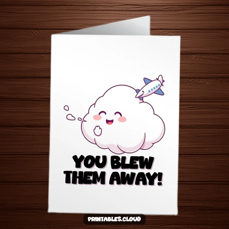 Funny Free Printable Congrats Card: Small cloud playfully tickles a passing plane with a mist stream.