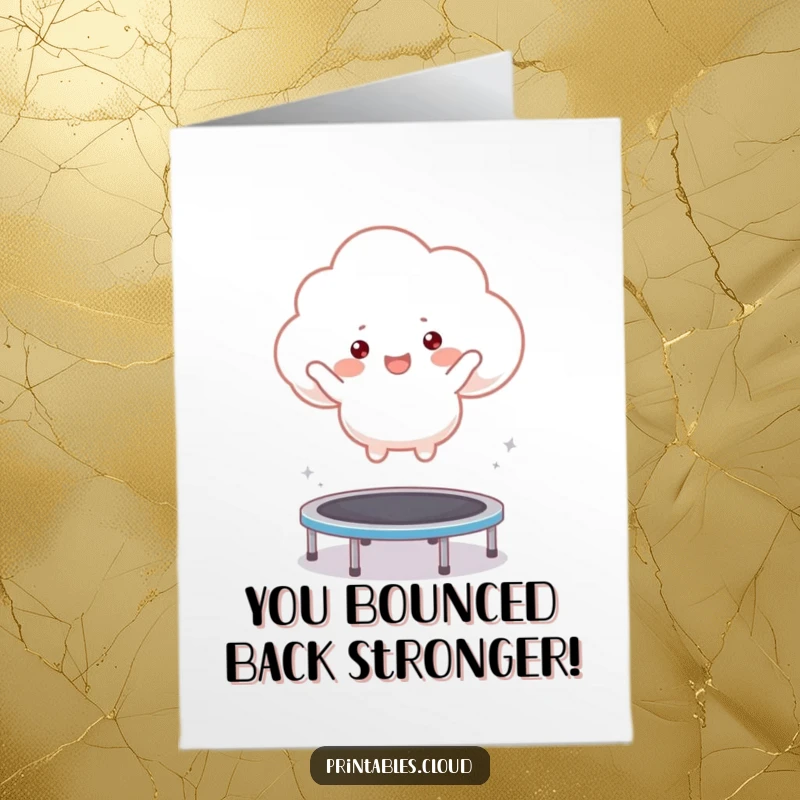Funny Free Printable Congratulations Card: A joyful cloud character bouncing enthusiastically on a small trampoline, celebrating success.