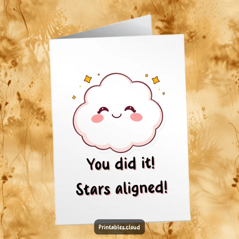 Funny Free Printable Congratulations Card: A joyful cloud character gleefully showering success with tiny sparkling stars.