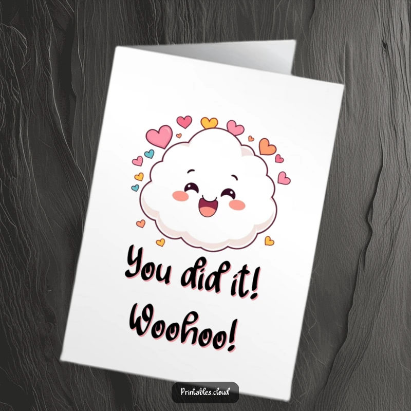 Funny Free Printable Congratulations Card with a happy cloud raining colorful hearts, celebrating achievements with cheer.