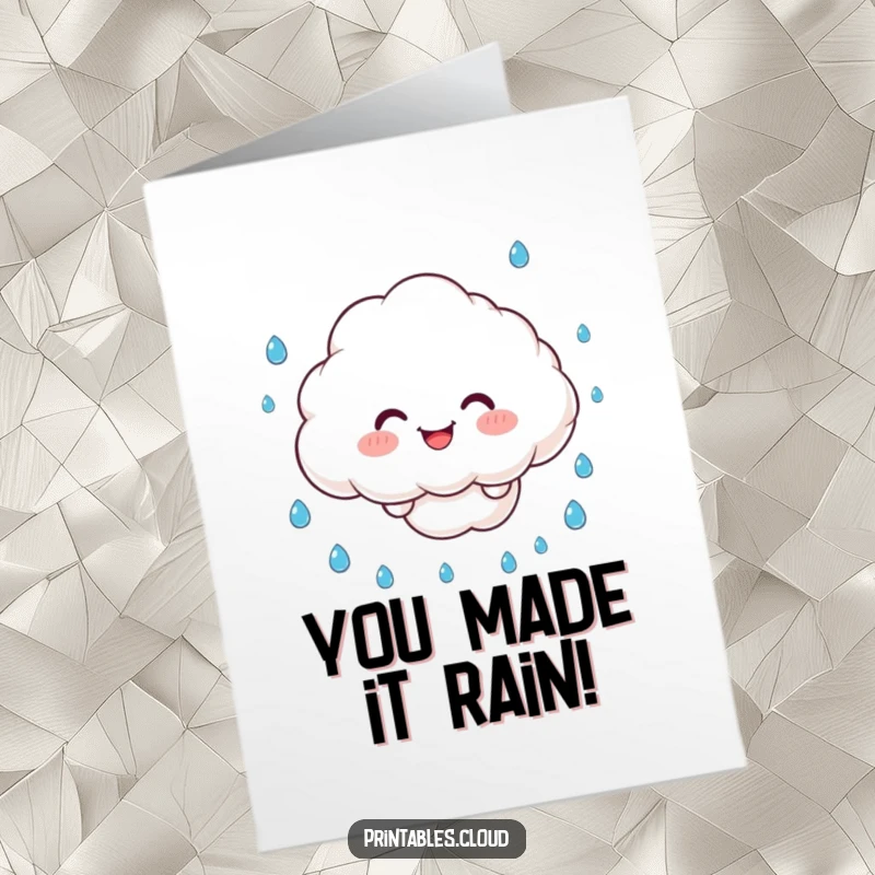 Funny Free Printable Congrats Card: A happy cloud juggles many raindrops, showing off its skills.