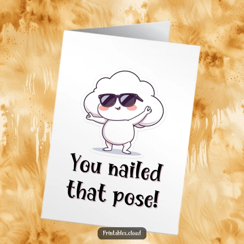 Funny Free Printable Congratulations Card: A cloud character wearing sunglasses, perfectly balanced in a cool yoga pose to celebrate achievements.