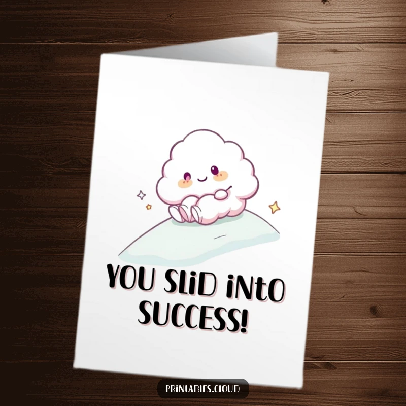 Funny Free Printable Congratulations Card: A cloud character joyfully sliding down a misty incline.