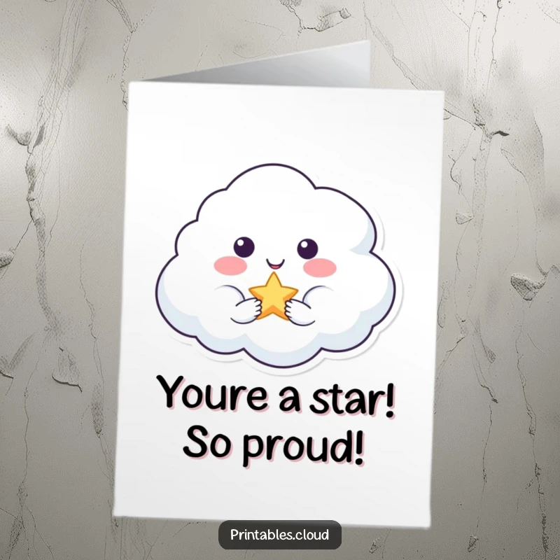 Funny Free Printable Congrats Card: A happy cloud character presents a sparkling star, symbolizing a shining accomplishment.