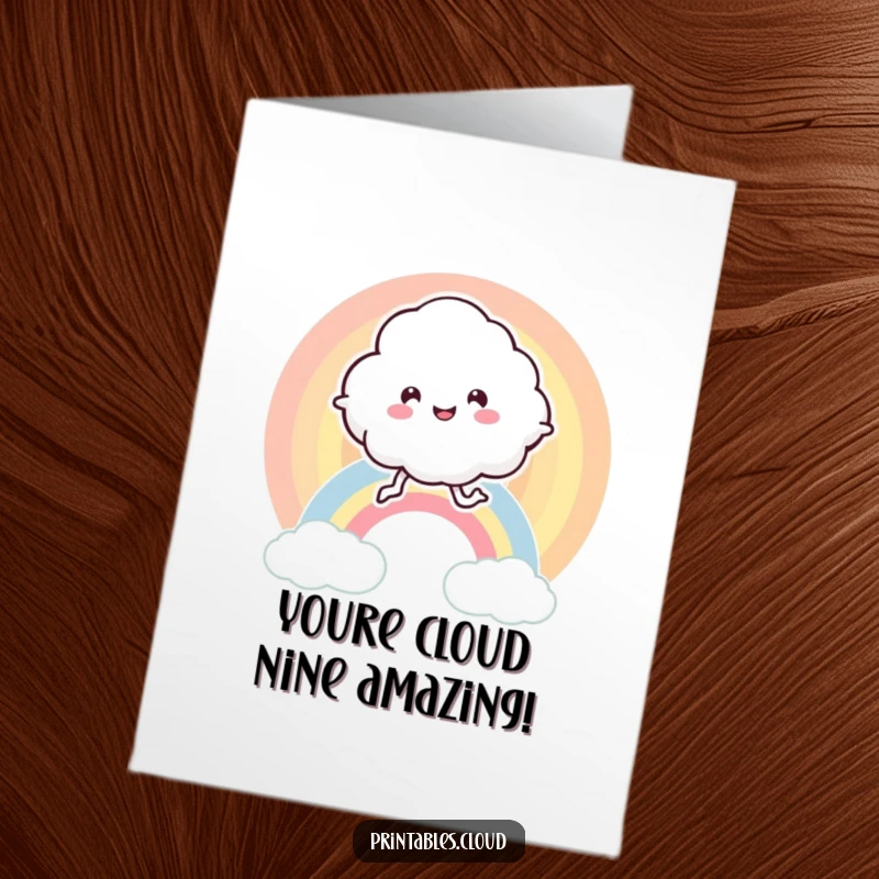 Funny Free Printable Congratulations Card: A happy cloud with legs leaps on a rainbow, celebrating a major achievement.