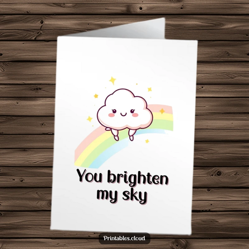 Funny Free Printable Cloud Thank You Card: A happy cloud bounces on a rainbow, sending cheerful thanks.