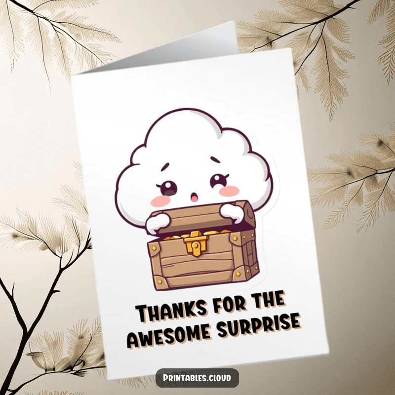 Funny Free Printable Thank You Card: A cloud opens a treasure chest with wide, surprised eyes, revealing gifts.