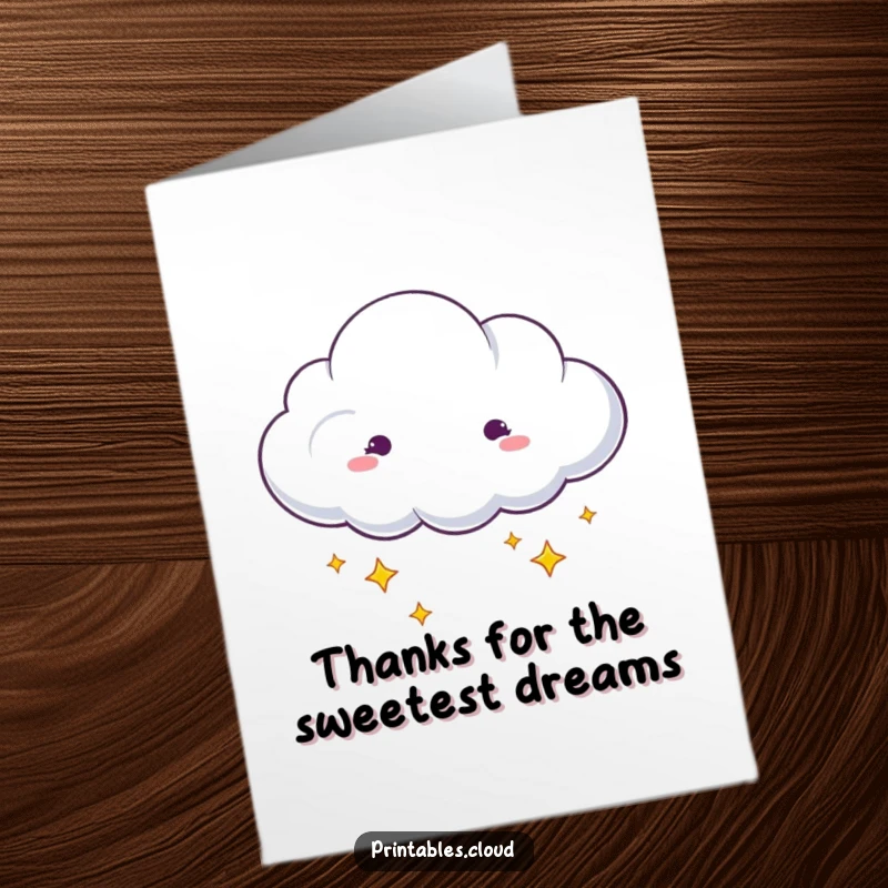 Funny Free Printable Thank You Card: a dreaming cloud with stars drifting, expressing quiet gratitude. Ideal DIY gift.