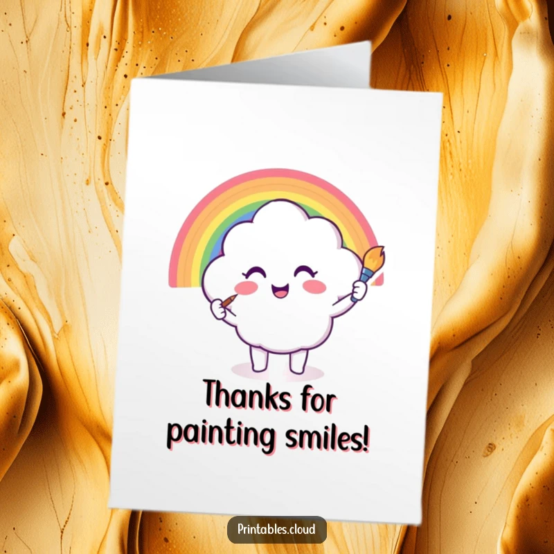Funny Free Printable Thank You Card: Smiling cloud character paints a vivid rainbow, a colorful way to express thanks.
