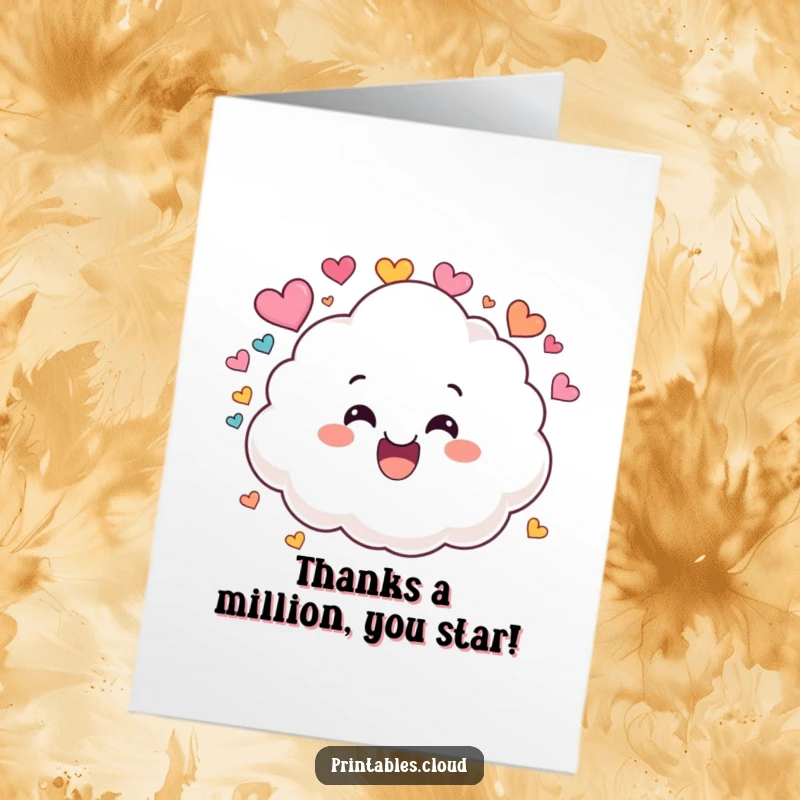 Funny Free Printable Thank You Card: a grinning cloud character raining colorful hearts to express gratitude with humor.