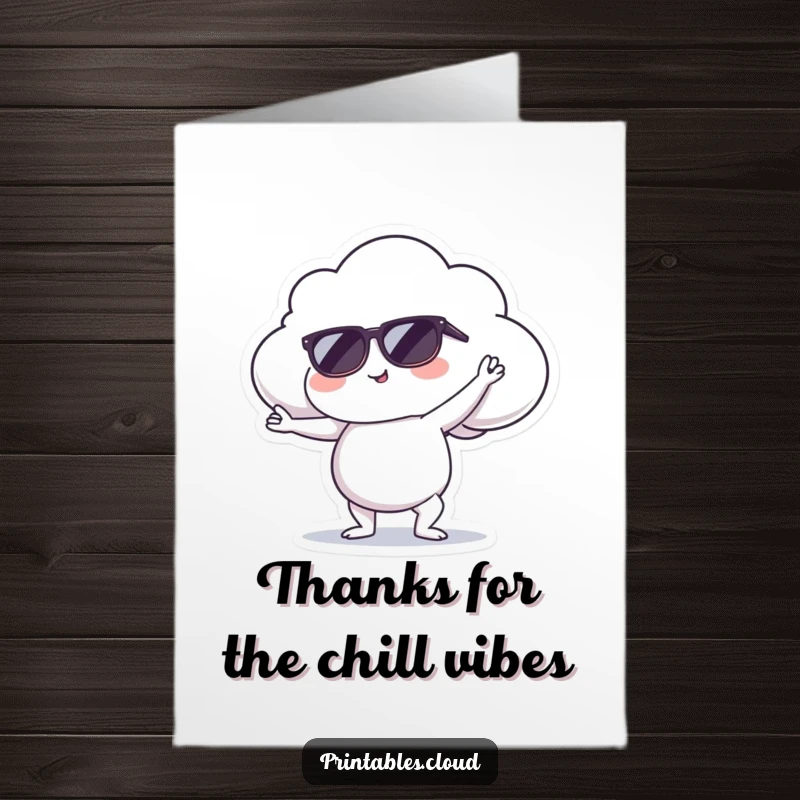 Funny Free Printable Thank You Card: A humorous cloud character in sunglasses performing a serene yoga pose, perfect for saying thanks.