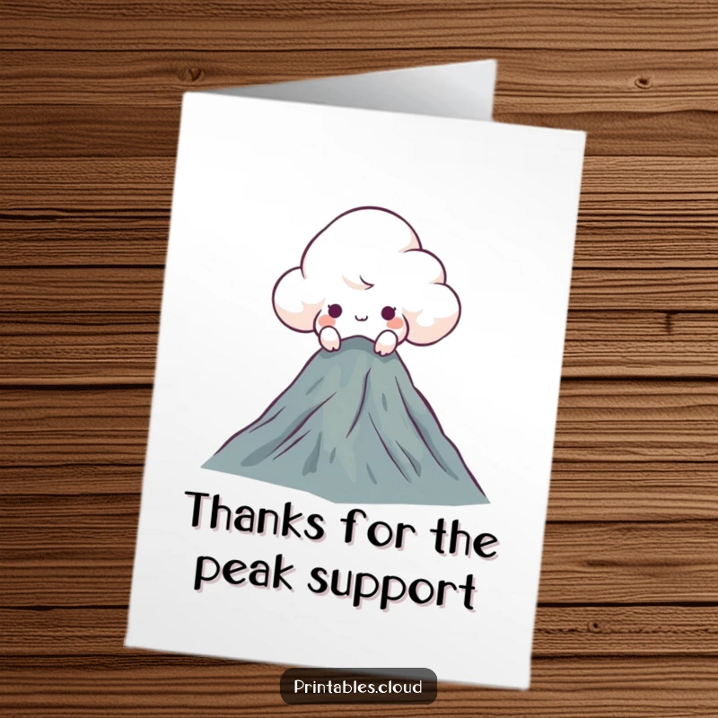 Funny Free Printable Thank You Card: A curious cloud character peeks over a mountaintop, showing thoughtful appreciation.