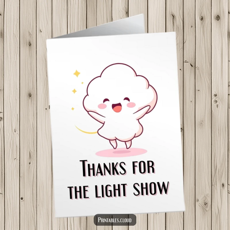 Funny Free Printable Thank You Card: Delighted cloud character dances, trailing a swirl of light. A joyful way to express thanks.